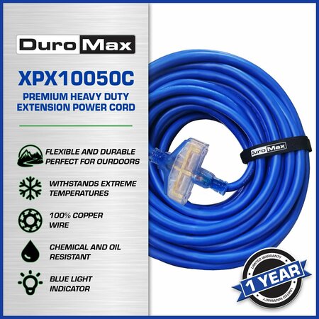 Duromax Indoor/Outdoor Extension Power Cord, SJEOOW Extreme Weather, 10 ga, Lighted, Triple Tap, 50 FT XPX10050C